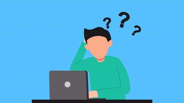 Confused Businessman with Laptop and Question Marks