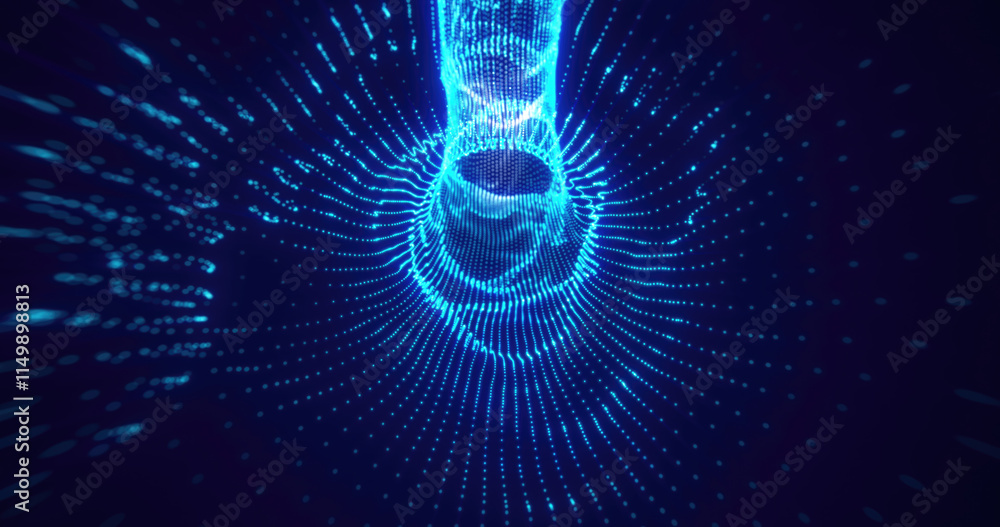 Poster dynamic blue neon light trails forming wave-like tunnel patterns in a dark digital space, representi