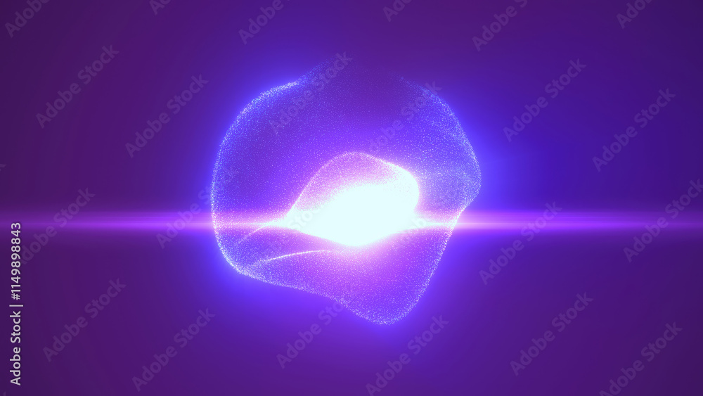 Poster glowing purple particles creating a floating sphere shape with intense light at its core, set agains
