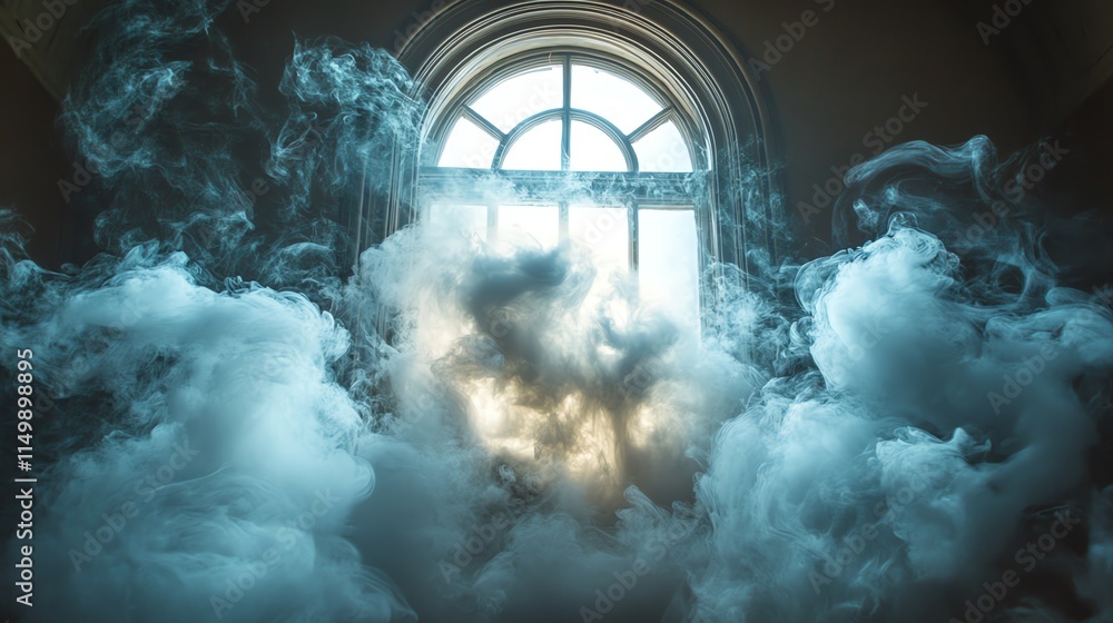 Poster white smoke billowing in front of an arched window with light streaming through.