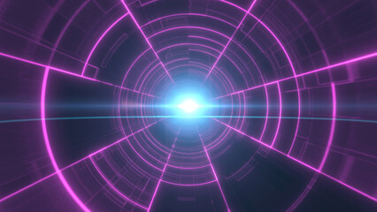 Purple neon tunnel with glowing concentric lines and radiant central light, evoking a sci-fi, immersive atmosphere with a futuristic and digital appeal background
