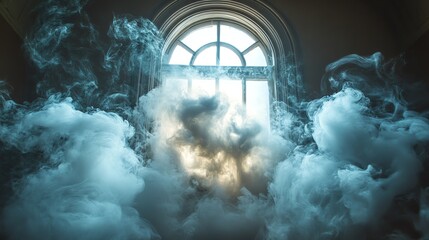 White smoke billowing in front of an arched window with light streaming through.