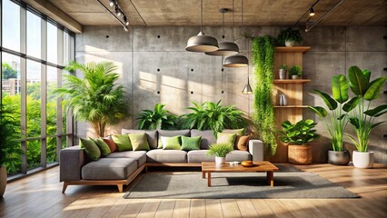 Fototapeta premium Modern Urban Jungle Living Room Close-Up: Lush Greenery, Concrete, Minimalist Design, Interior Design Inspiration