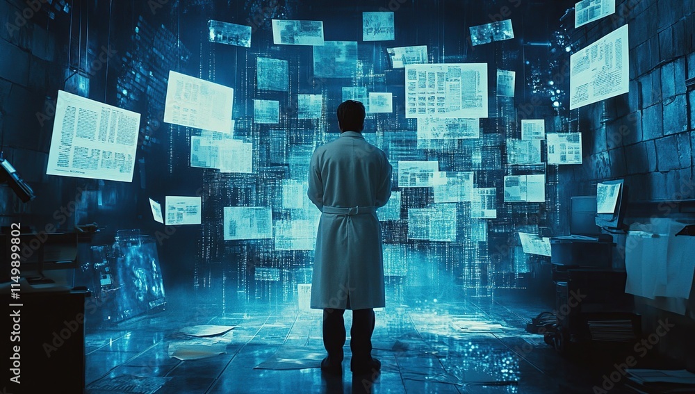 Poster researcher analyzes data streams in futuristic lab, exploring digital information overload mysteriou