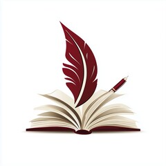 Literary design: open book and quill in burgundy style