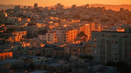 Golden hour sunset cityscape view of residential buildings and houses.