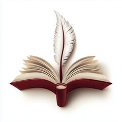 Burgundy logo with open book and quill for literary ambiance