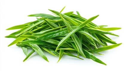 Fototapeta premium Pile of green tea leaves isolated on white background.