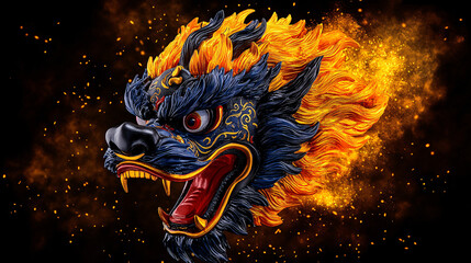 richly detailed close up of robotic Chinese lion head, showcasing vibrant colors and intricate designs. fiery mane and fierce expression evoke sense of power and tradition