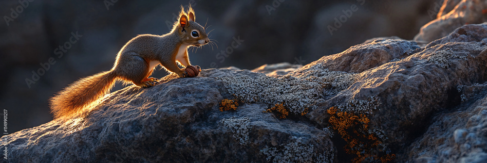 Poster a squirrel on the edge of a granite cliff, playing with an acorn, while lichen softly glows on the r