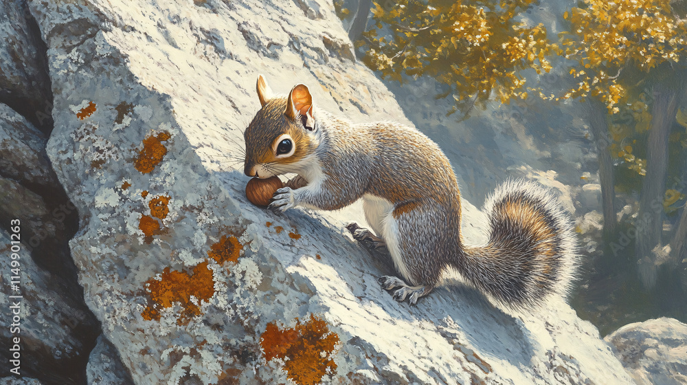 Poster a squirrel on the edge of a granite cliff, playing with an acorn, while lichen softly glows on the r