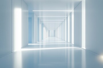 Empty, sterile hospital hallway with clean, minimalist design