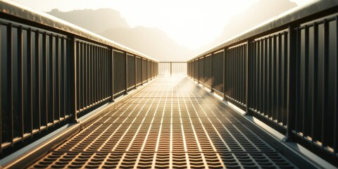 Fototapeta premium Elevated walkway with metal railings bathed in morning sunlight