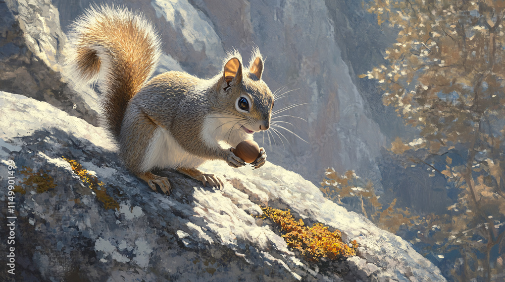 Poster a squirrel on the edge of a granite cliff, playing with an acorn, while lichen softly glows on the r