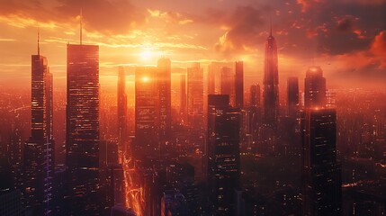 Fototapeta premium City skyline bathed in the warm glow of a vibrant urban sunset.