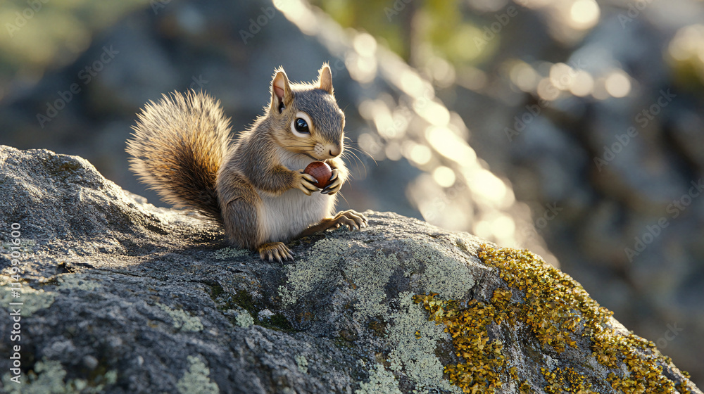 Poster a squirrel on the edge of a granite cliff, playing with an acorn, while lichen softly glows on the r