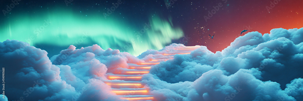 Poster a staircase made of marshmallow clouds ascending into a vibrant aurora borealis, each step soft and 