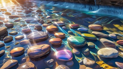 Fototapeta premium A vibrant riverbed filled with multi-colored river stones, polished and rounded from water erosion, visible underwater with light refracting through the crystal-clear stream, generative ai