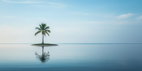 Obraz premium A coconut tree in the middle of water reflection