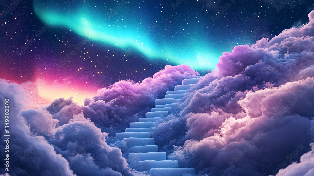 Poster a staircase made of marshmallow clouds ascending into a vibrant aurora borealis, each step soft and 