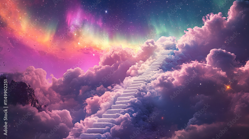 Poster a staircase made of marshmallow clouds ascending into a vibrant aurora borealis, each step soft and 