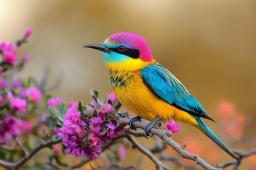 Fototapeta premium Colorful bird perched on a branch surrounded by blooming flowers in a natural setting