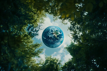 Naklejka premium Beautiful view of Earth framed by lush green trees, symbolizing harmony with nature, environmental preservation, and sustainable living for a better planet