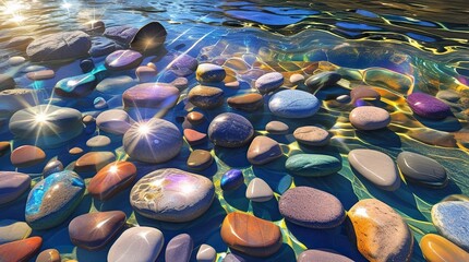 Fototapeta premium A vibrant riverbed filled with multi-colored river stones, polished and rounded from water erosion, visible underwater with light refracting through the crystal-clear stream, generative ai