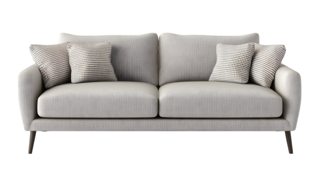 Minimalist light gray sofa featuring clean lines and soft cushions, perfect for contemporary living spaces. Isolated on transparent background