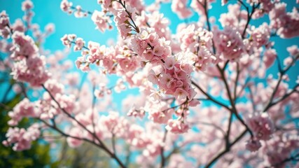 Naklejka premium A breathtaking view of delicate pink blossoms on a tree branch against a vibrant blue sky