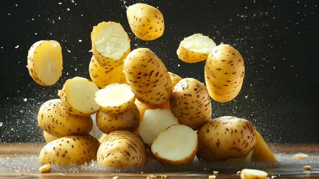 Pile of potatoes with one of them cut in half. Concept of chaos and destruction, as the potatoes are scattered and broken apart