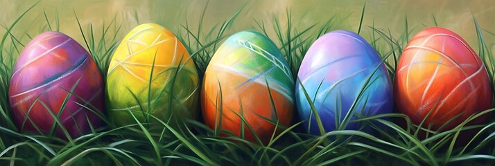 Vibrant Easter Eggs Painted in Pastels Resting on a Bed of Soft Grass