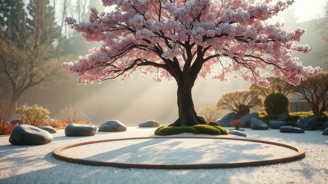 Serene landscape design featuring a blossoming tree in a zen garden with smooth stones and a raked gravel circle.