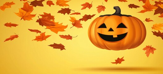 Smiling Jack O'Lantern Pumpkin Autumn Leaves Background