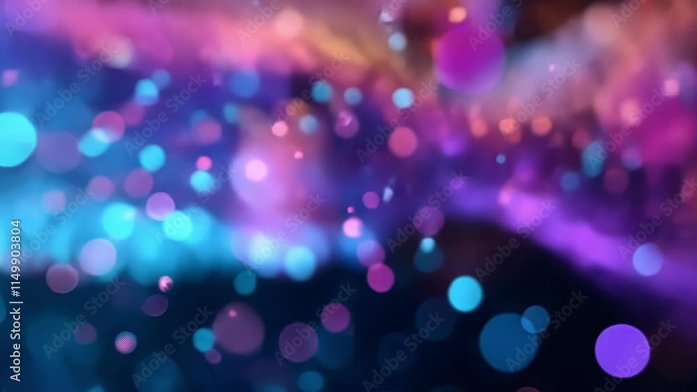 Poster colorful particles are floating and flowing on a dark background with a beautiful bokeh effect, crea