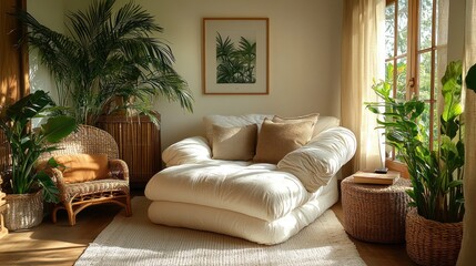 Sunlit room with comfy chaise lounge, plants, and wicker chair.
