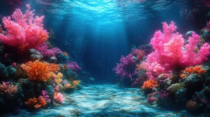 Naklejka premium Vibrant coral reef, underwater scene, sunlight.