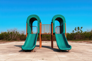 An empty playground at dusk reflecting on childhood memories and the loss of innocence in a sad environment