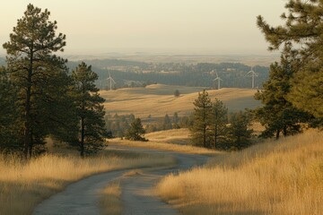 Scenic landscape featuring rolling hills, wind turbines, and a dirt path through trees.