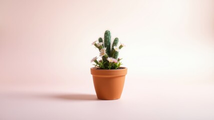 Fototapeta premium A terracotta pot displays a small cactus plant adorned with delicate white flowers against a soft pink backdrop.