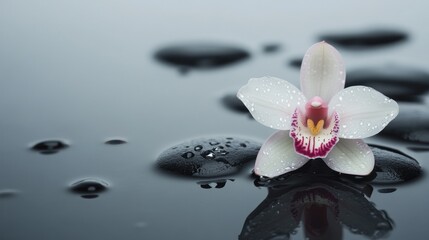 White orchid with water droplets on smooth stones.