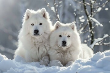 Obraz premium Two beautiful samoyed dogs are lying in the snow in a winter forest, enjoying the sunshine