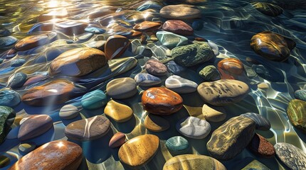 A vibrant riverbed filled with multi-colored river stones, polished and rounded from water erosion, visible underwater with light refracting through the crystal-clear stream, generative ai