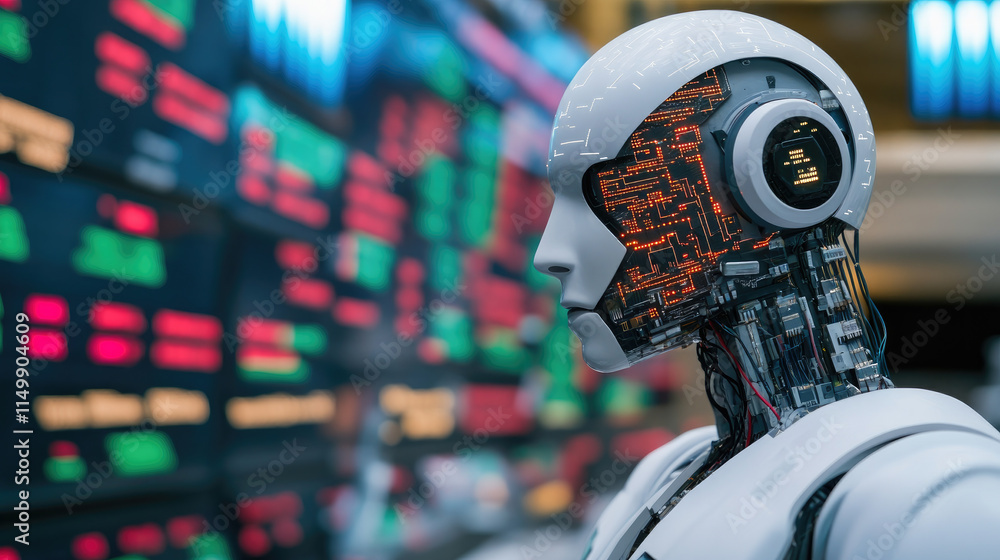 Aufkleber ai circuits merging with a classic stock market floor, showcasing a robotic transition from manual t