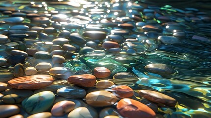 Fototapeta premium A vibrant riverbed filled with multi-colored river stones, polished and rounded from water erosion, visible underwater with light refracting through the crystal-clear stream, generative ai