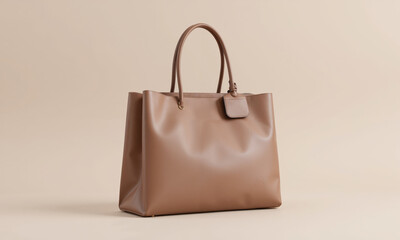 A mocha mousse-colored tote bag for fashion accessories with a glossy laminated finish. The bag features a modern, minimalist design