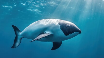 Obraz premium A dynamic underwater shot of a vaquita swimming gracefully in the clear blue ocean, its streamlined body slicing through the water. Sunlight filters through the surface, creating soft, dancing pattern