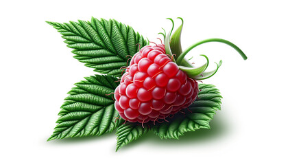 One rasberry fruit close up with leaves and stem isolated on white background with clipping mask.