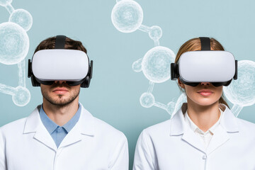 Biotech researchers engaging in virtual reality to manipulate molecular structures within an advanced laboratory environment