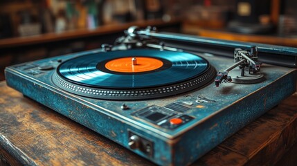 Obraz premium Vintage record player, spinning vinyl, teal finish.